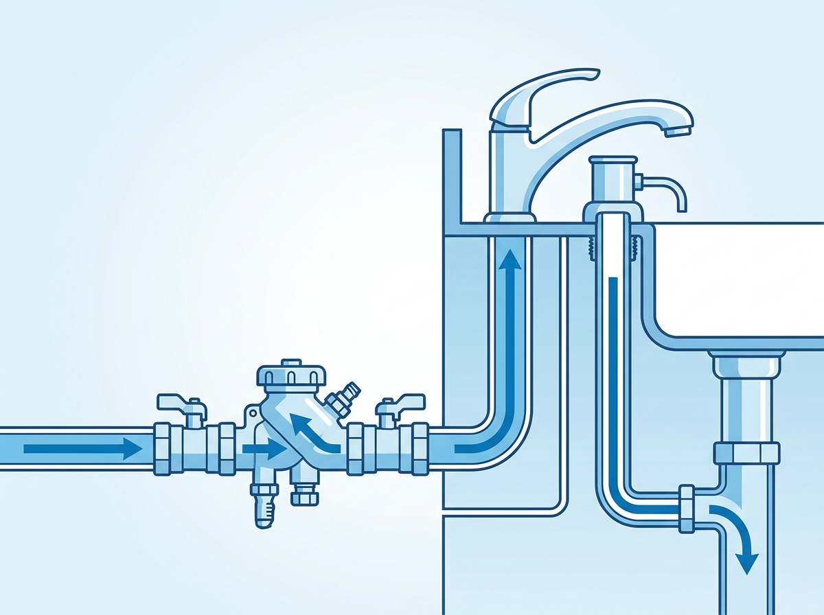 Blue schematic of home plumbing: water inlet, valve assembly, and pipes feeding a sink with arrows showing flow