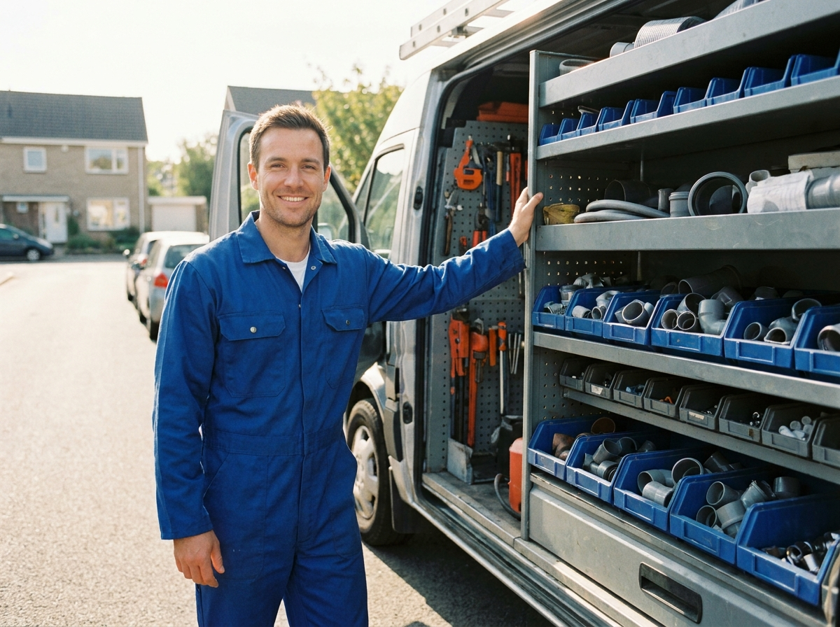 Smiling technician in blue coveralls stands by an open service van with organized tool shelves nearby.