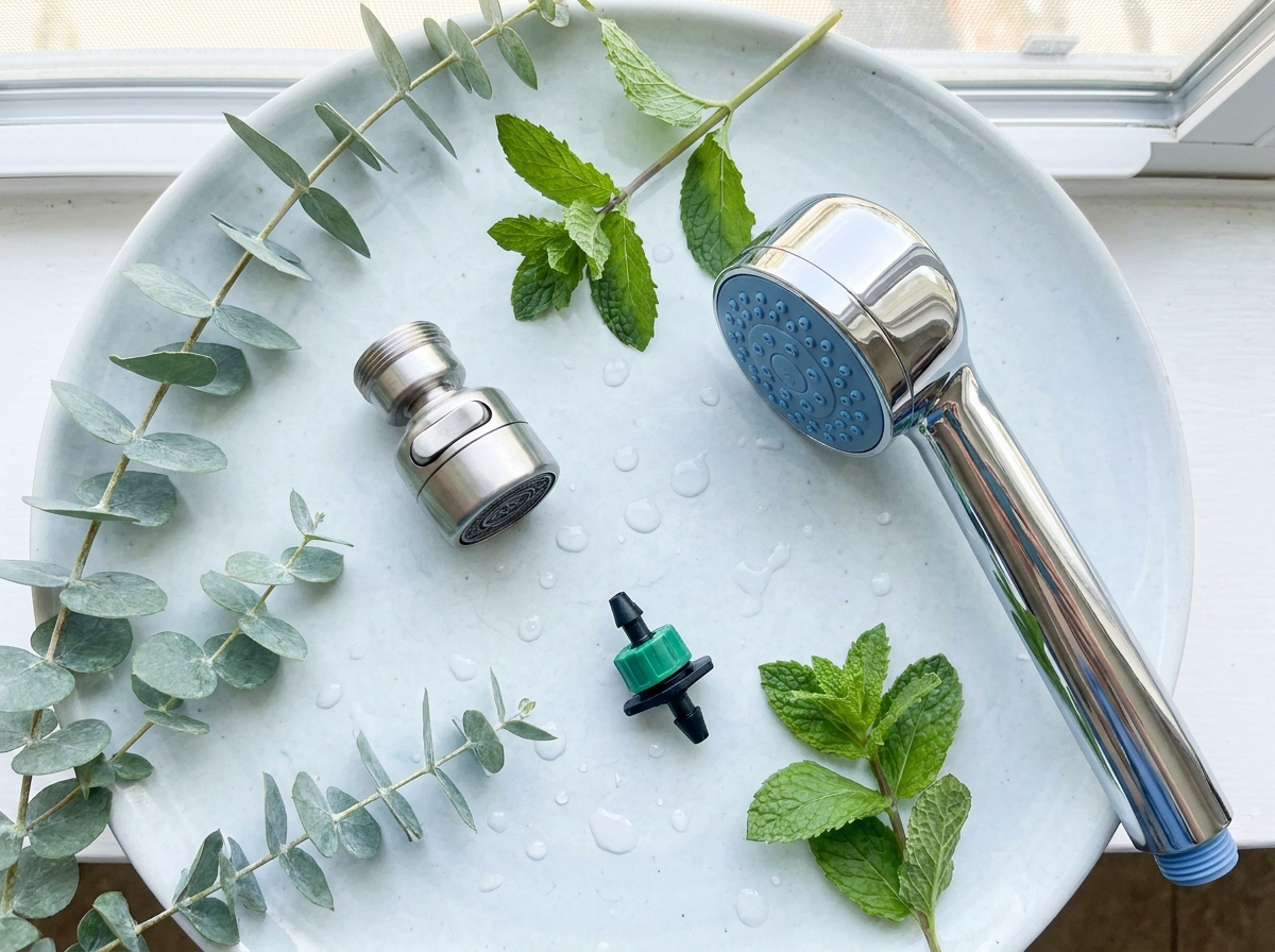 Water-saving fixtures including a faucet aerator, high-efficiency showerhead, and drip irrigation emitter arranged with greenery