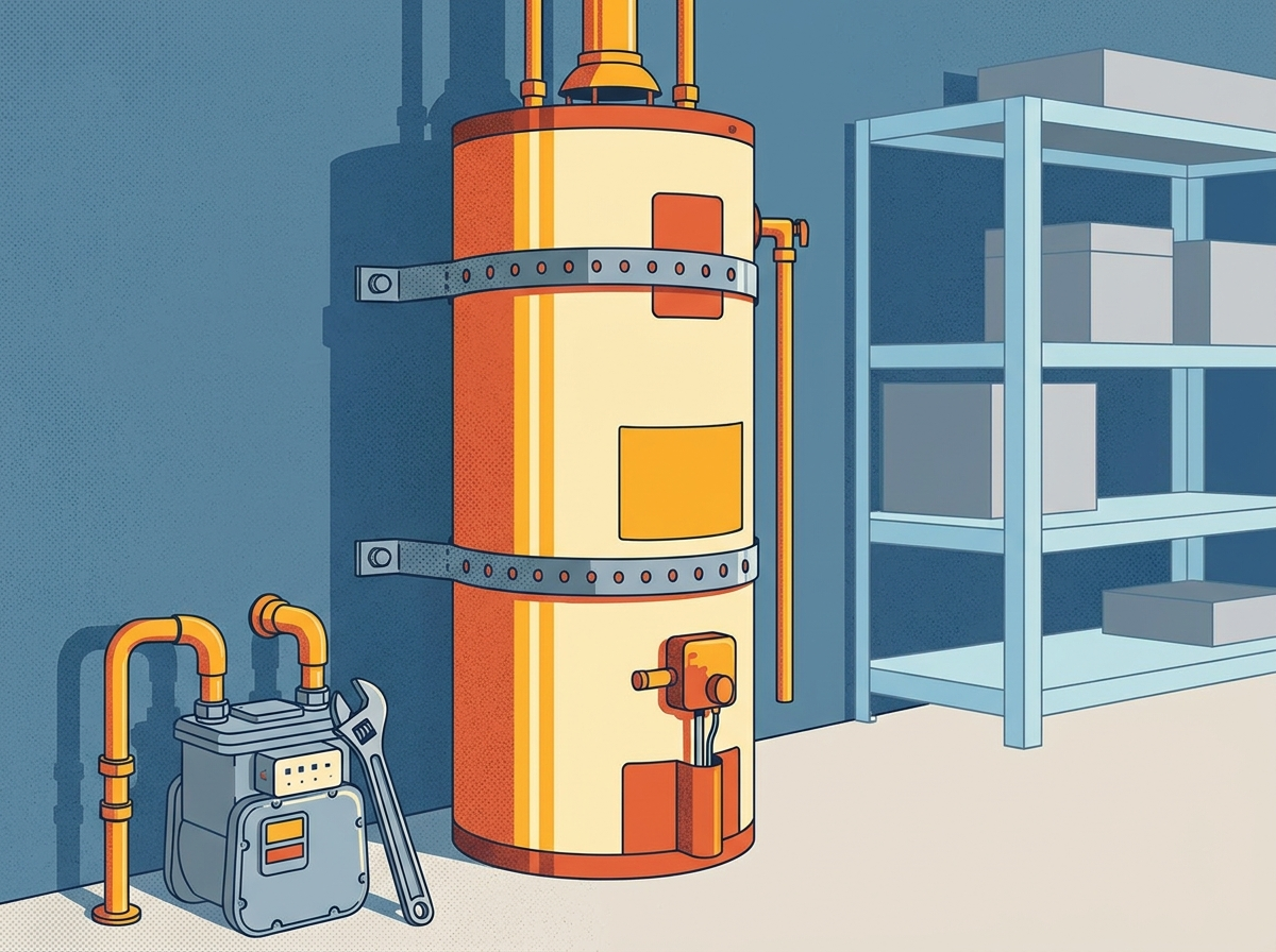 Large orange‑cream cylindrical storage tank with metal bands and valves in a workshop, beside shelving with boxes and a tool on the floor.