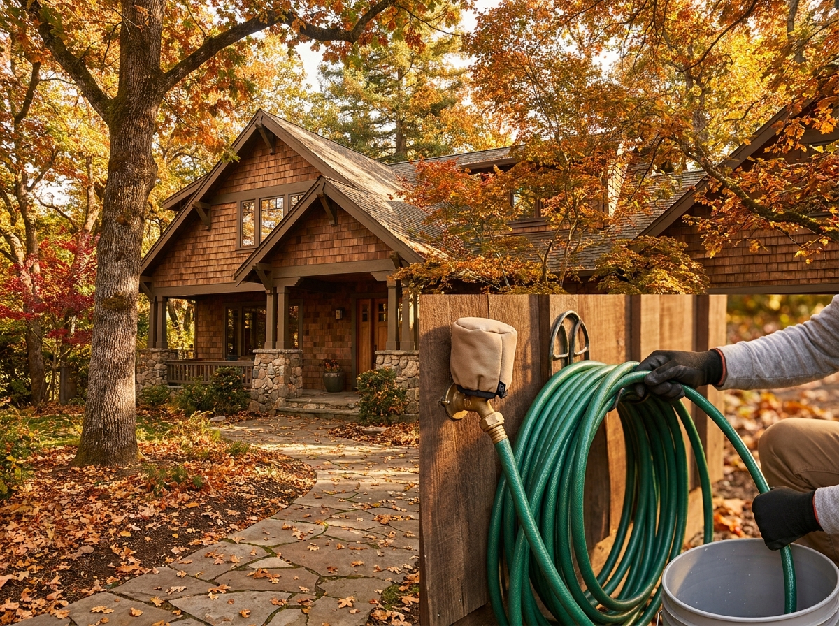 Autumn scene of a brown shingle house with fall leaves; a person winds a green garden hose on a reel.