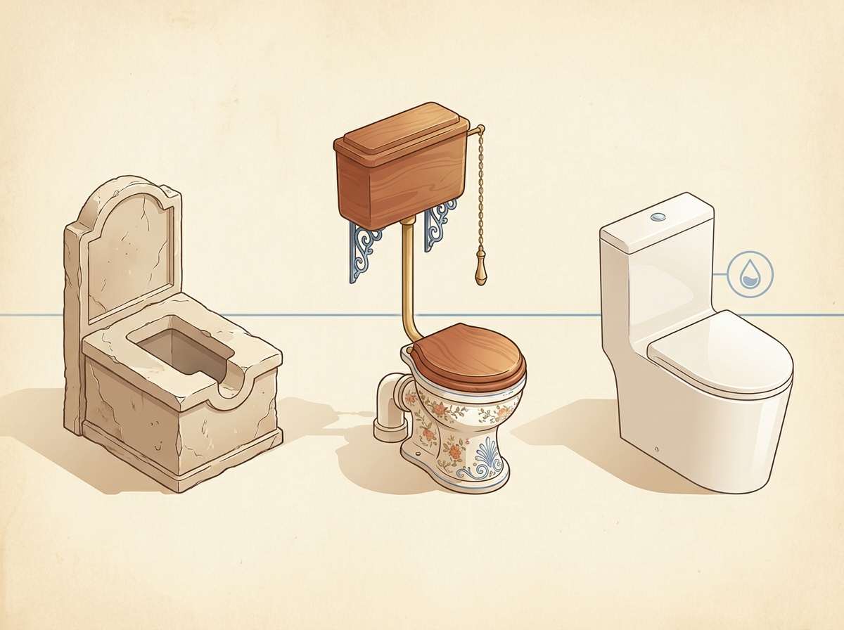 Three toilets lined up: a rustic stone-style seat on the left, a vintage high-tank toilet with a pull chain in the middle, and a modern white toilet on the right with a water icon below it.