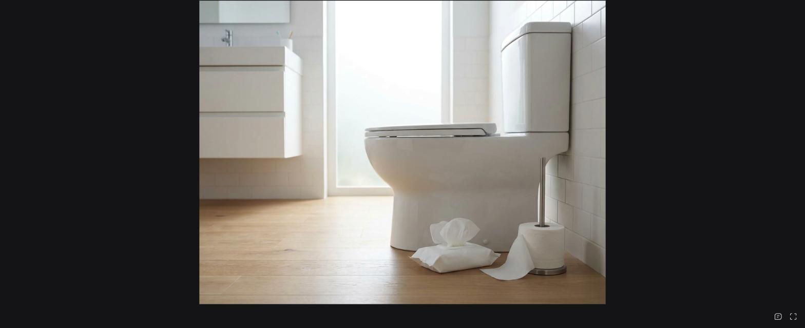 Modern white toilet in a bright bathroom with a wooden floor, a roll of toilet paper on a stand, and a few tissues on the floor beside it.