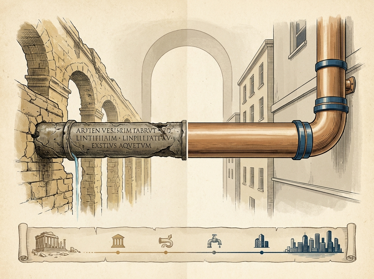 Copper plumbing pipe spans from ancient stone arches to a modern city, showing infrastructure bridging past and present.