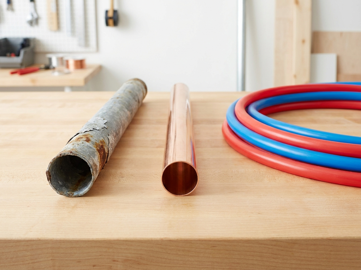 Rusty metal pipe and a clean copper pipe lying on a wooden workbench with red and blue hoses coiled nearby in a workshop scene.