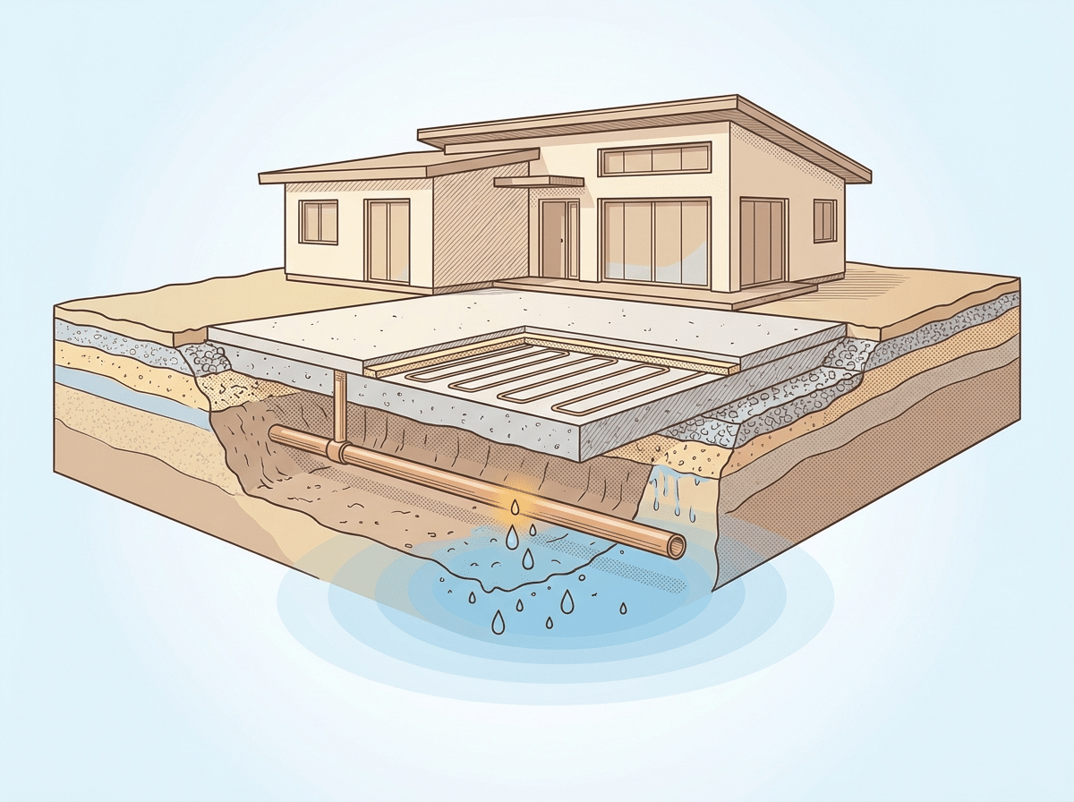 House with an underground septic tank and pipe network draining wastewater into a leach field, shown beneath a home