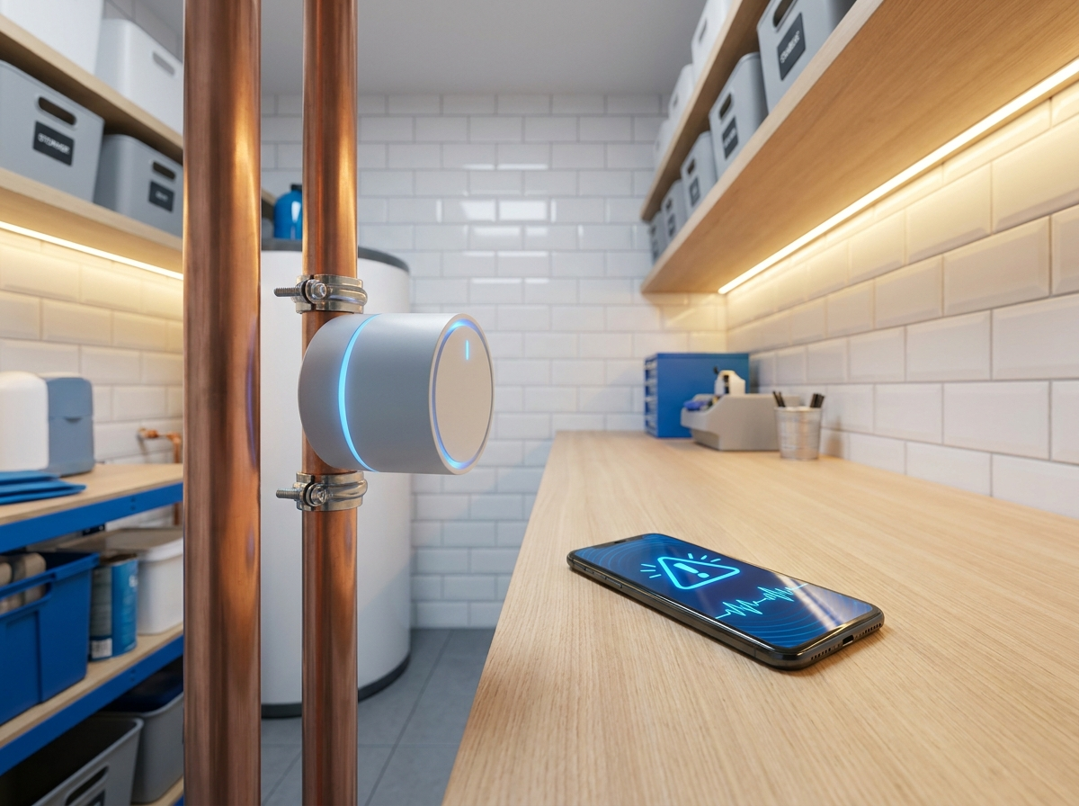 Pipe-mounted smart sensor attached to copper plumbing in a clean workshop; a phone on the desk shows a warning icon and heartbeat line.