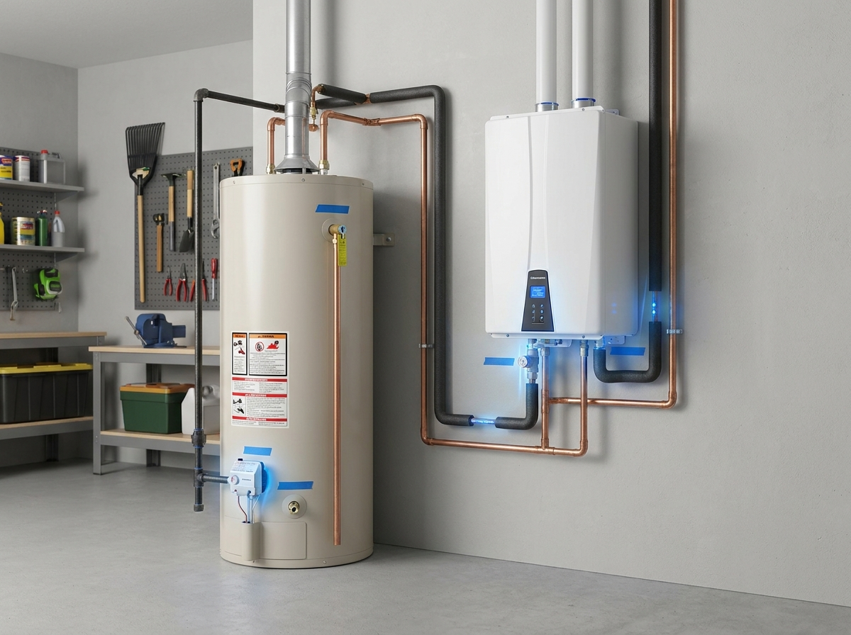 A traditional tank water heater beside a wall-mounted tankless water heater in a garage