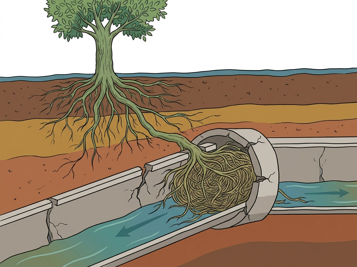 Tree roots invade and block a cracked underground pipe, disrupting water flow beneath soil layers.