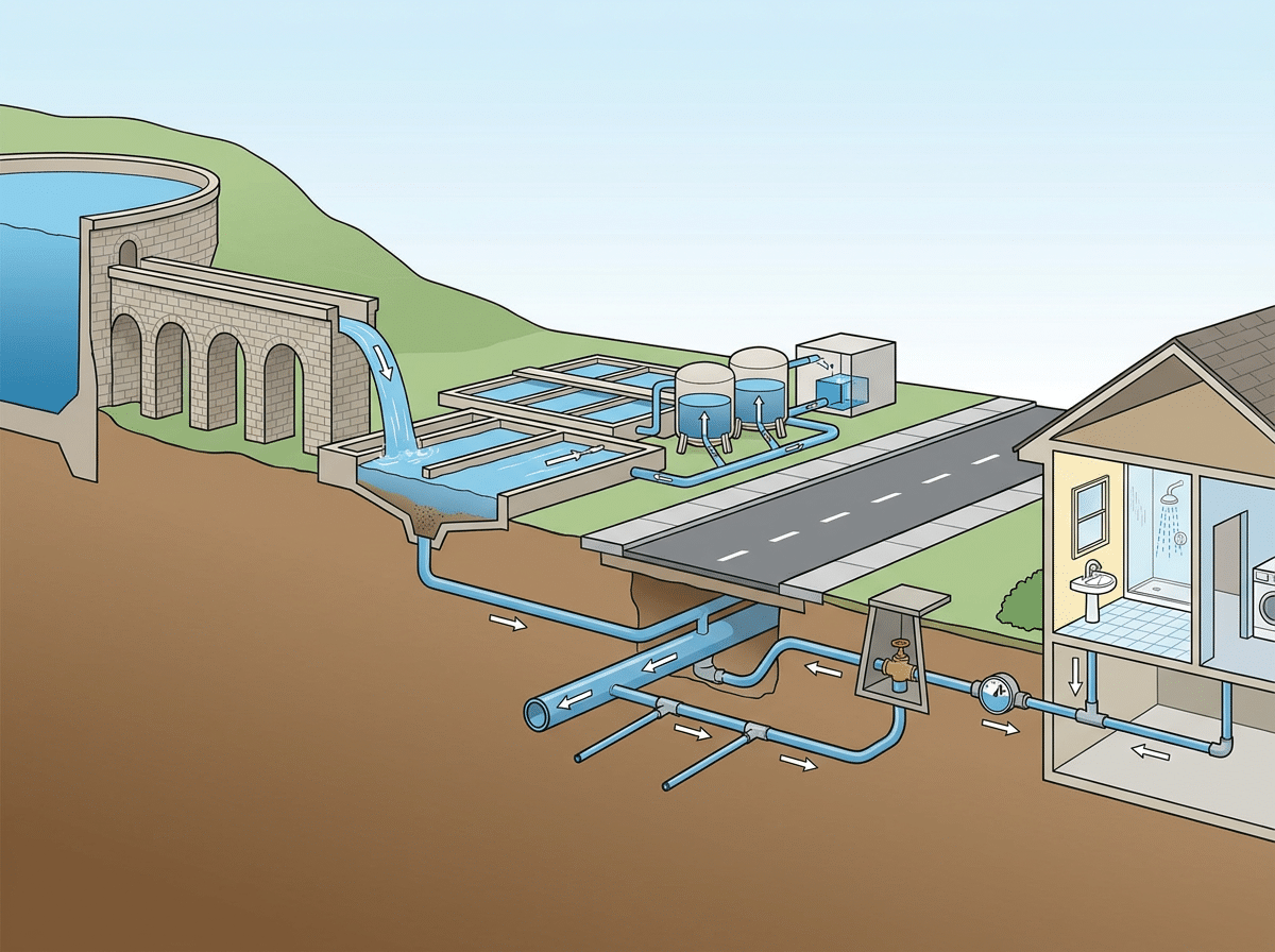 Cross-section of a water supply system: dam, aqueduct, treatment facility, and underground pipes delivering water to a home