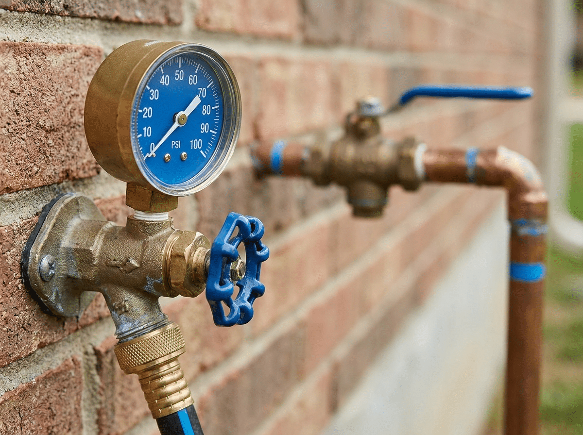 Outdoor pressure gauge mounted on a brass valve with a blue handwheel, attached to a brick wall, with a pipe running along the wall.